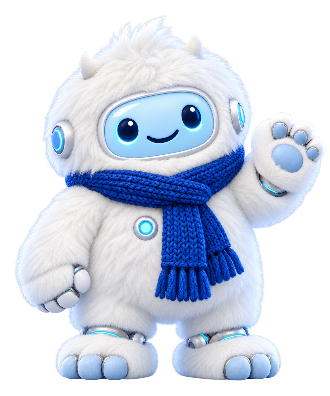 Fuzzy, a fluffy white robot yeti with a blue scarf, waves hello